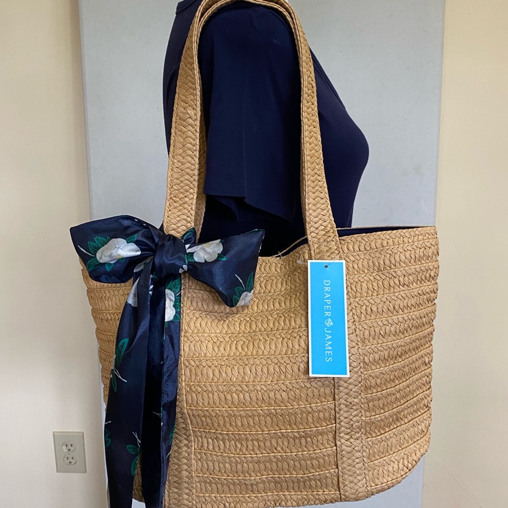 Draper James Tan Woven Tote with Blue Floral Scarf